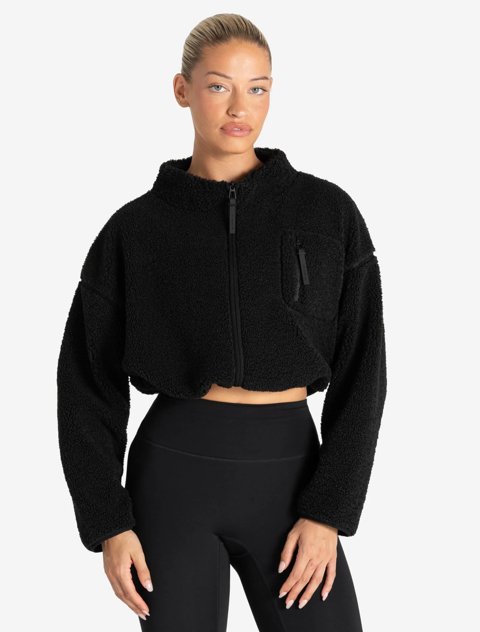 Borg Fleece Crop Jacket - Black - Image 3