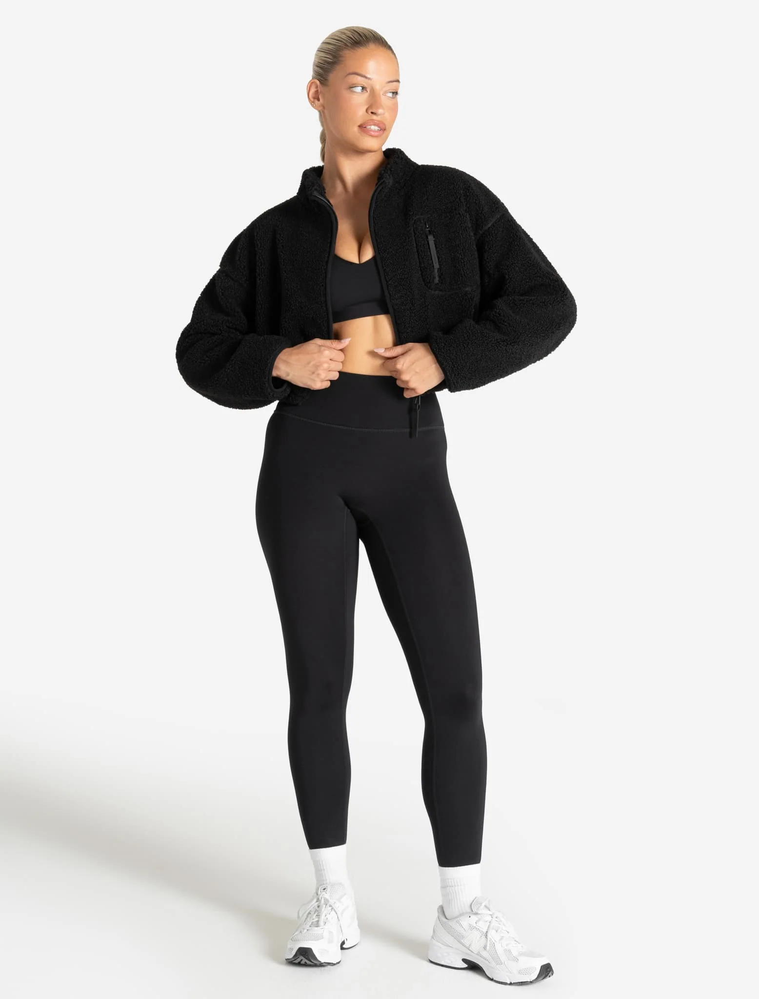 Borg Fleece Crop Jacket - Black - Image 5