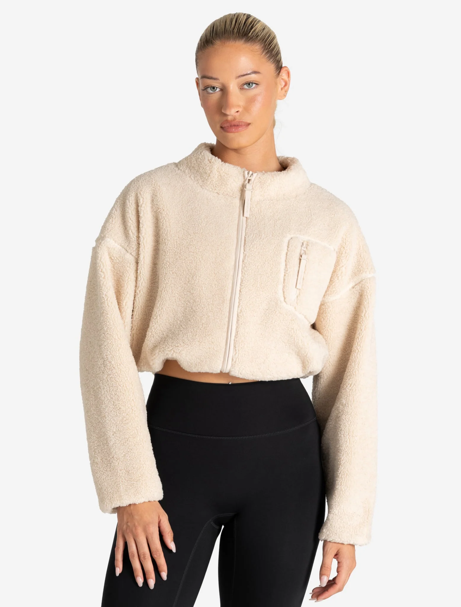 Borg Fleece Crop Jacket - Cream - Image 3