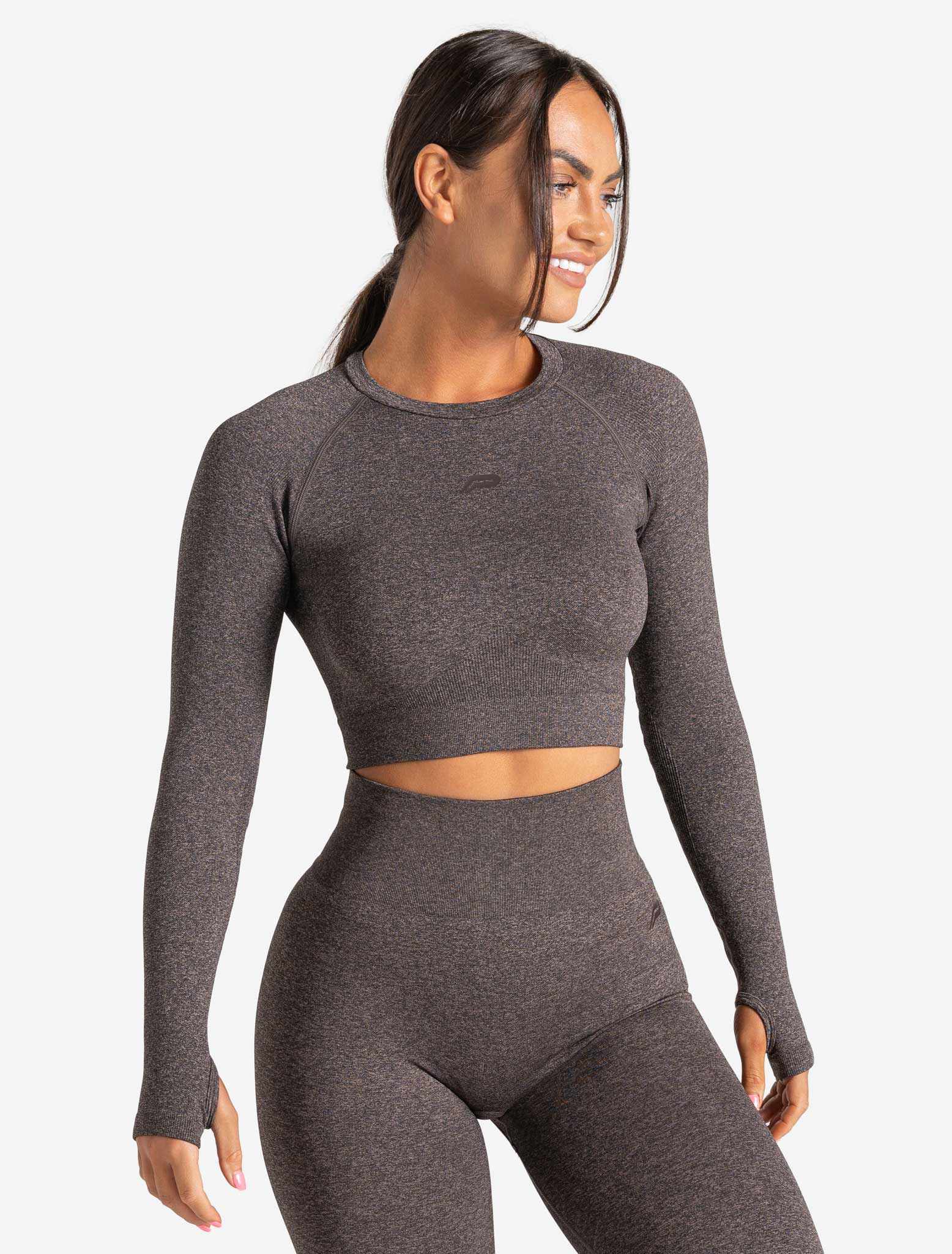 Core Seamless Long Sleeve Crop Top - Brown Marl - Image 7